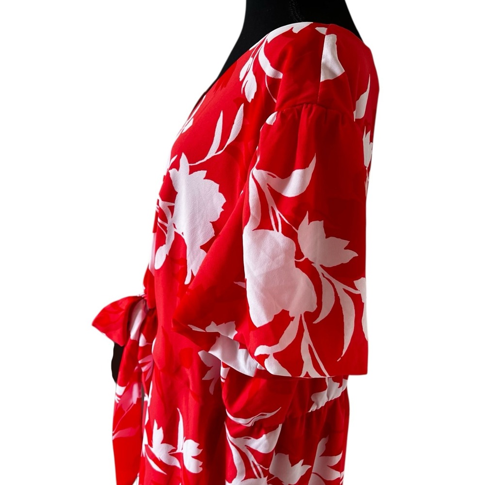 Lane Bryant Red Floral V-Neck Tie Front Midi Dress Plus Size 22 Spring Summer - Picture 5 of 10